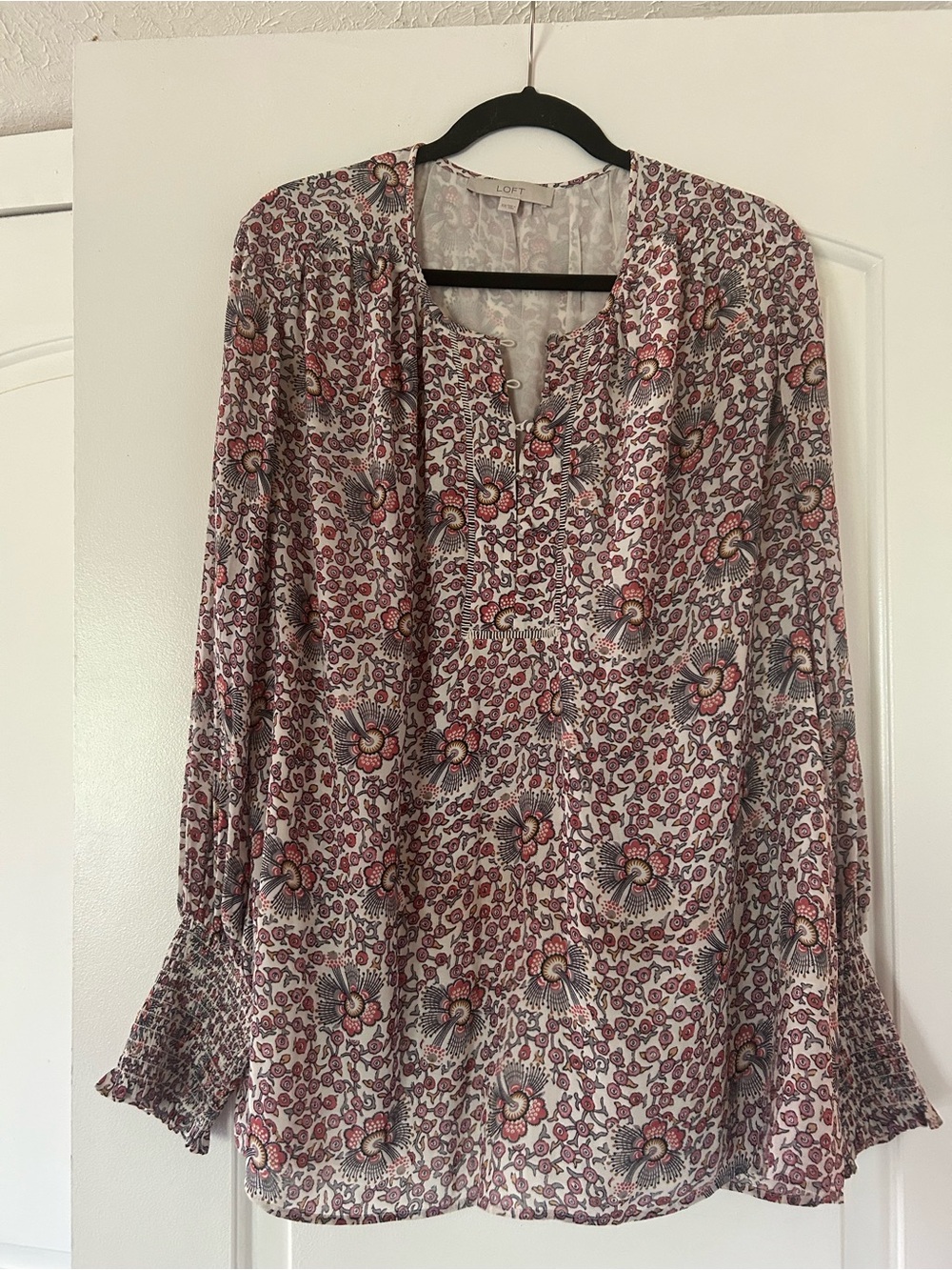 LOFT Pink and Cream Floral Button-Front Peasant Blouse